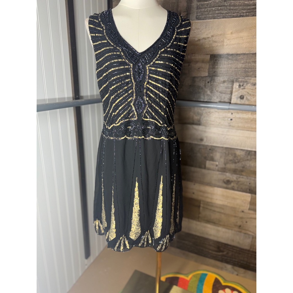 Vintage Style Black Gold Beaded Sequin Flapper Art Deco Gatsby Cocktail Dress